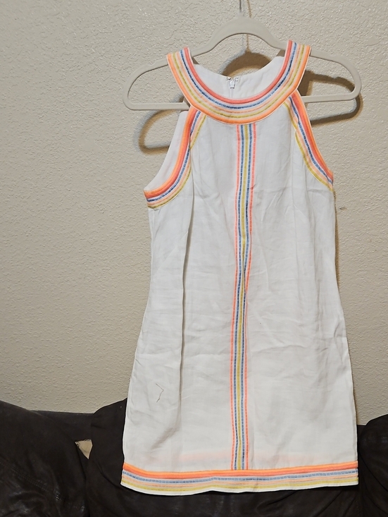 Boden Dresses & Skirts - Boden 100% Linen White Midi Dress with Rainbow-Trimmed Neckline